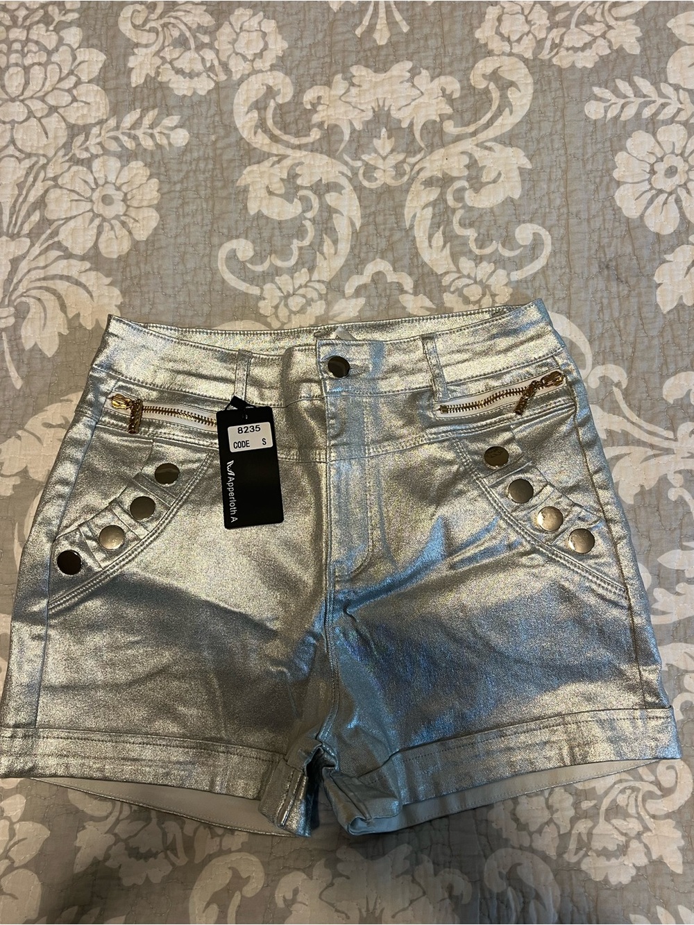 High-Waist Metallic Silver Shorts with Gold Hardware